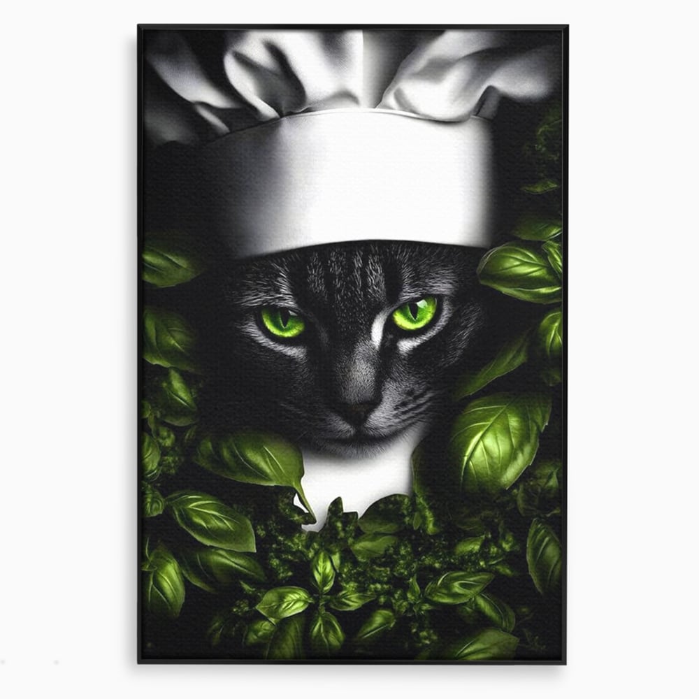 Tablou canvas cu tablou canvas cu pisica bucatar si frunze, in rama de aluminiu negru