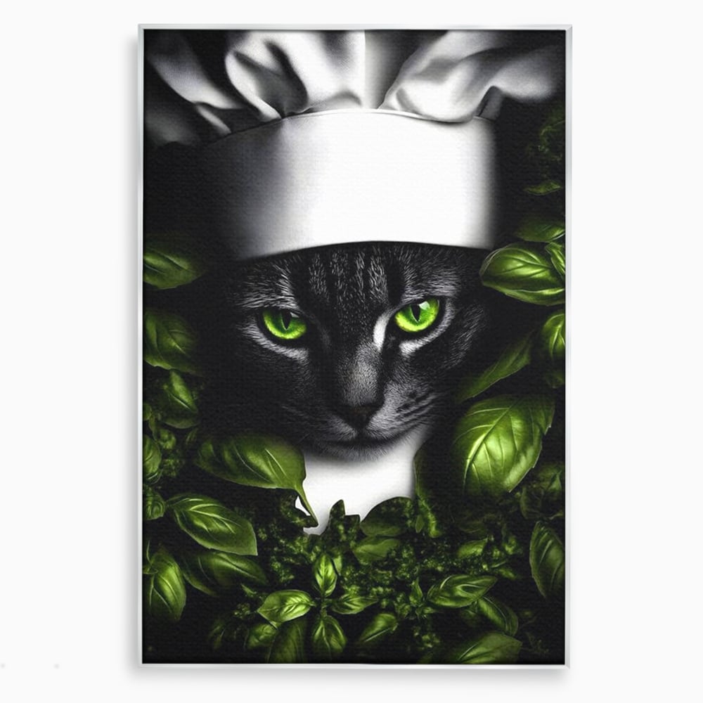 Tablou canvas cu tablou canvas cu pisica bucatar si frunze, in rama de aluminiu argintiu