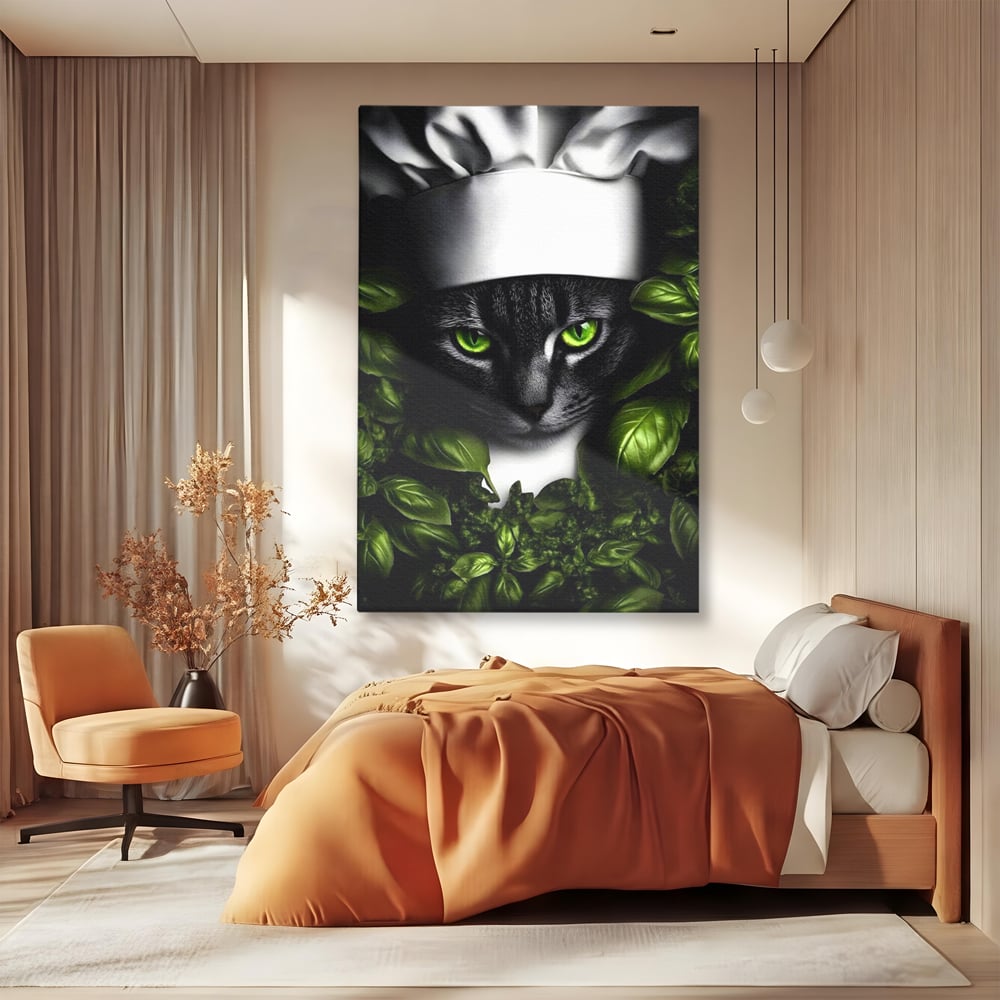 Tablou canvas cu tablou canvas cu pisica bucatar si frunze, fara rama, pe sasiu de lemn, pe perete intr-un dormitor