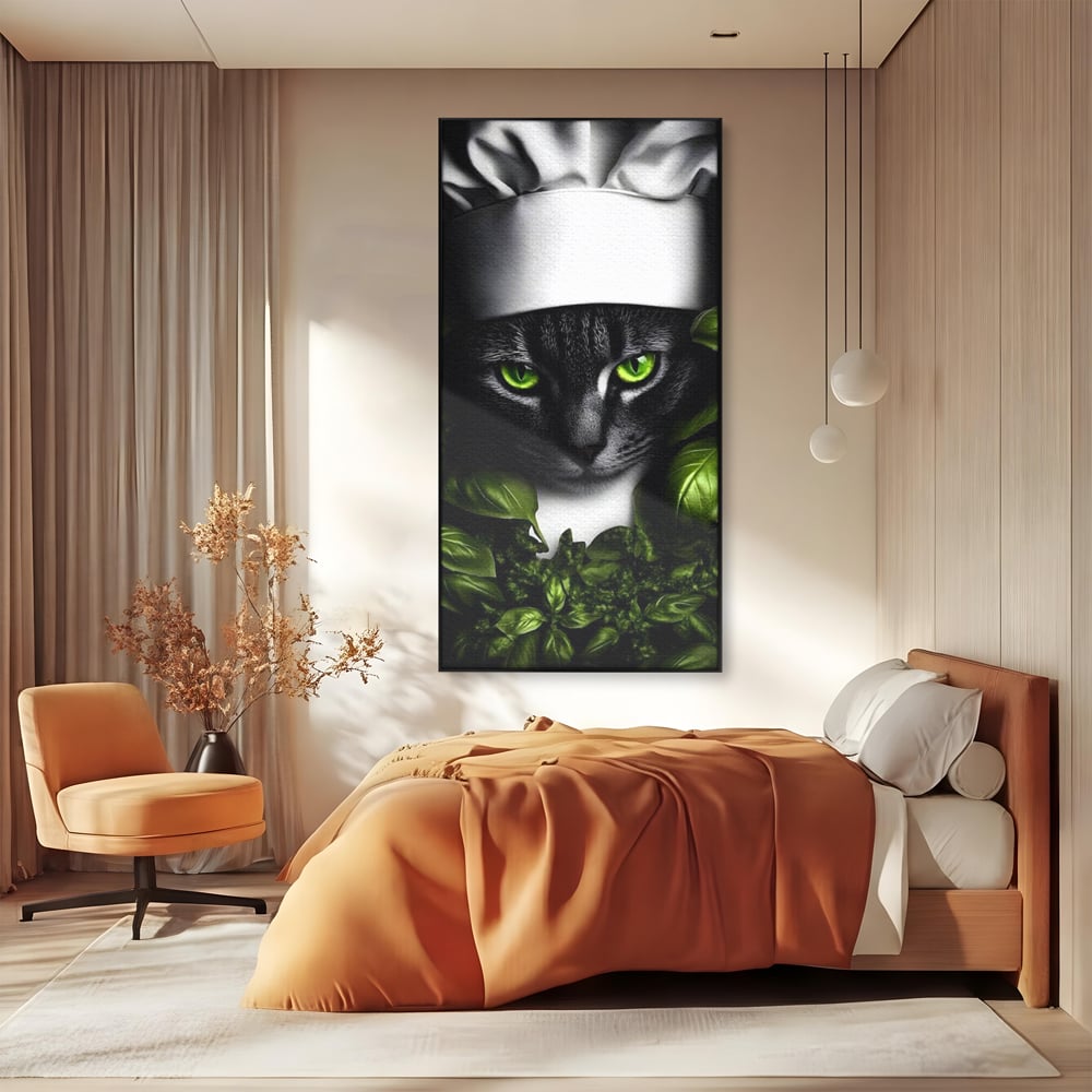 Tablou canvas cu tablou canvas cu pisica bucatar si frunze, in rama de aluminiu negru, pe perete intr-un dormitor