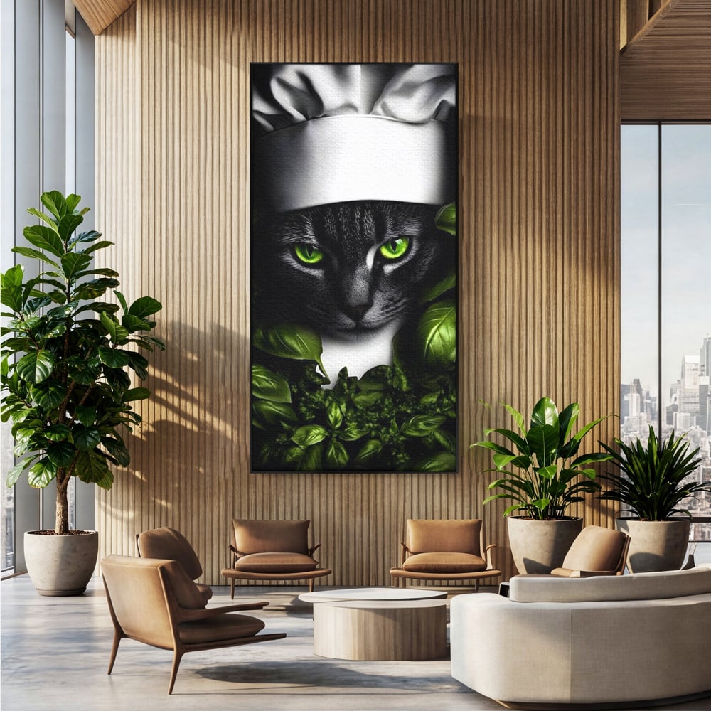 Tablou canvas cu tablou canvas cu pisica bucatar si frunze, in rama de aluminiu negru, pe perete intr-un birou