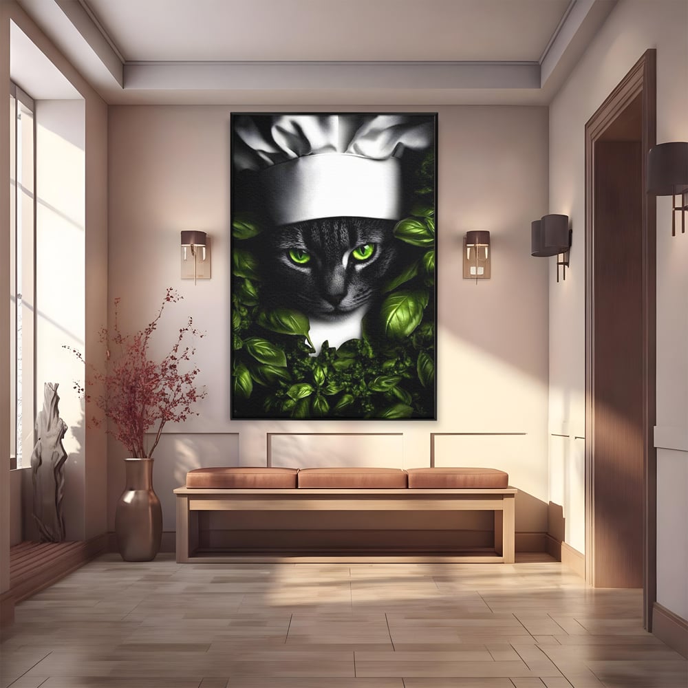 Tablou canvas cu tablou canvas cu pisica bucatar si frunze, in rama de aluminiu negru