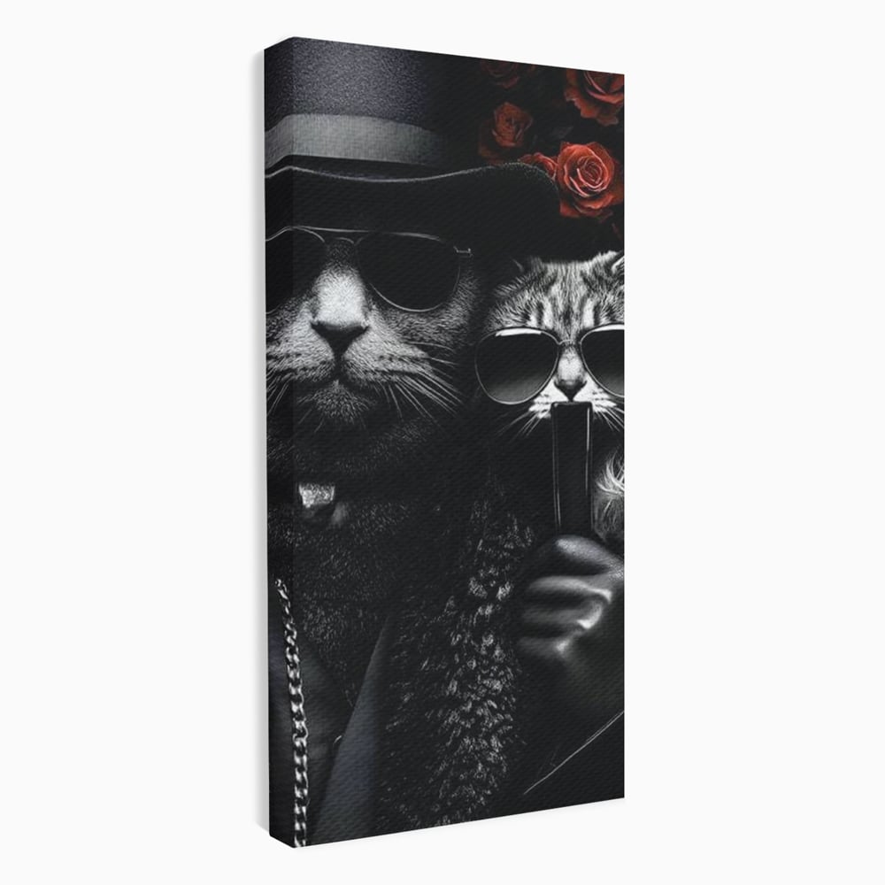 Tablou canvas cu tablou canvas cu pisici gangster in ochelari, fara rama, pe sasiu de lemn