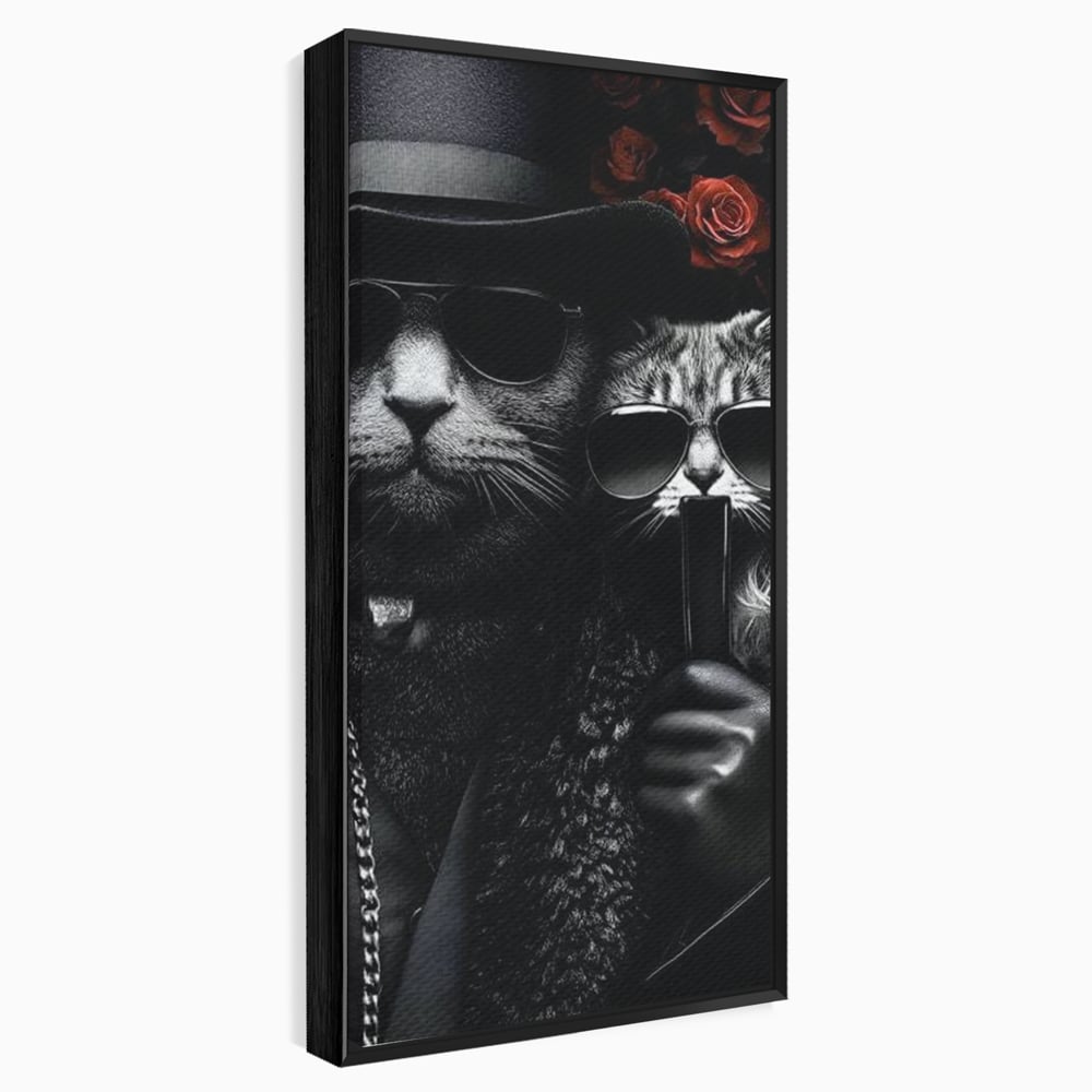 Tablou canvas cu tablou canvas cu pisici gangster in ochelari, in rama de aluminiu negru