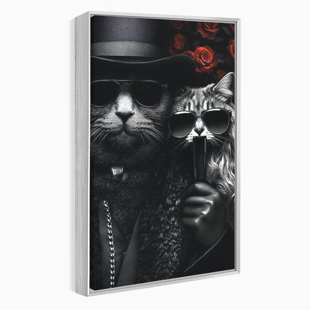 Tablou canvas cu tablou canvas cu pisici gangster in ochelari, in rama de aluminiu argintiu