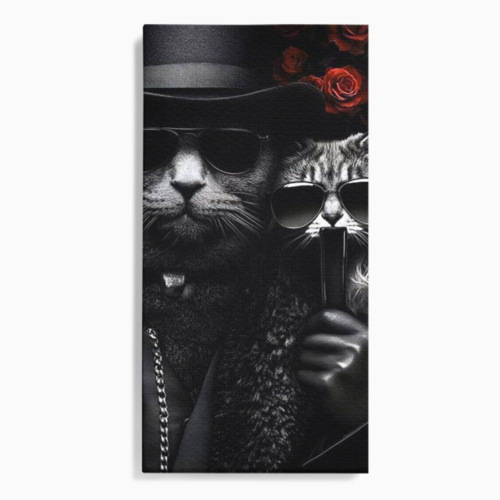 Tablou canvas cu tablou canvas cu pisici gangster in ochelari, fara rama, pe sasiu de lemn
