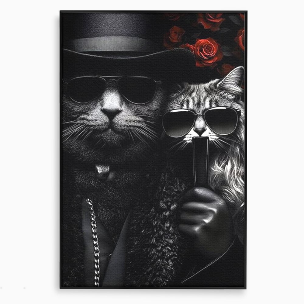 Tablou canvas cu tablou canvas cu pisici gangster in ochelari, in rama de aluminiu negru
