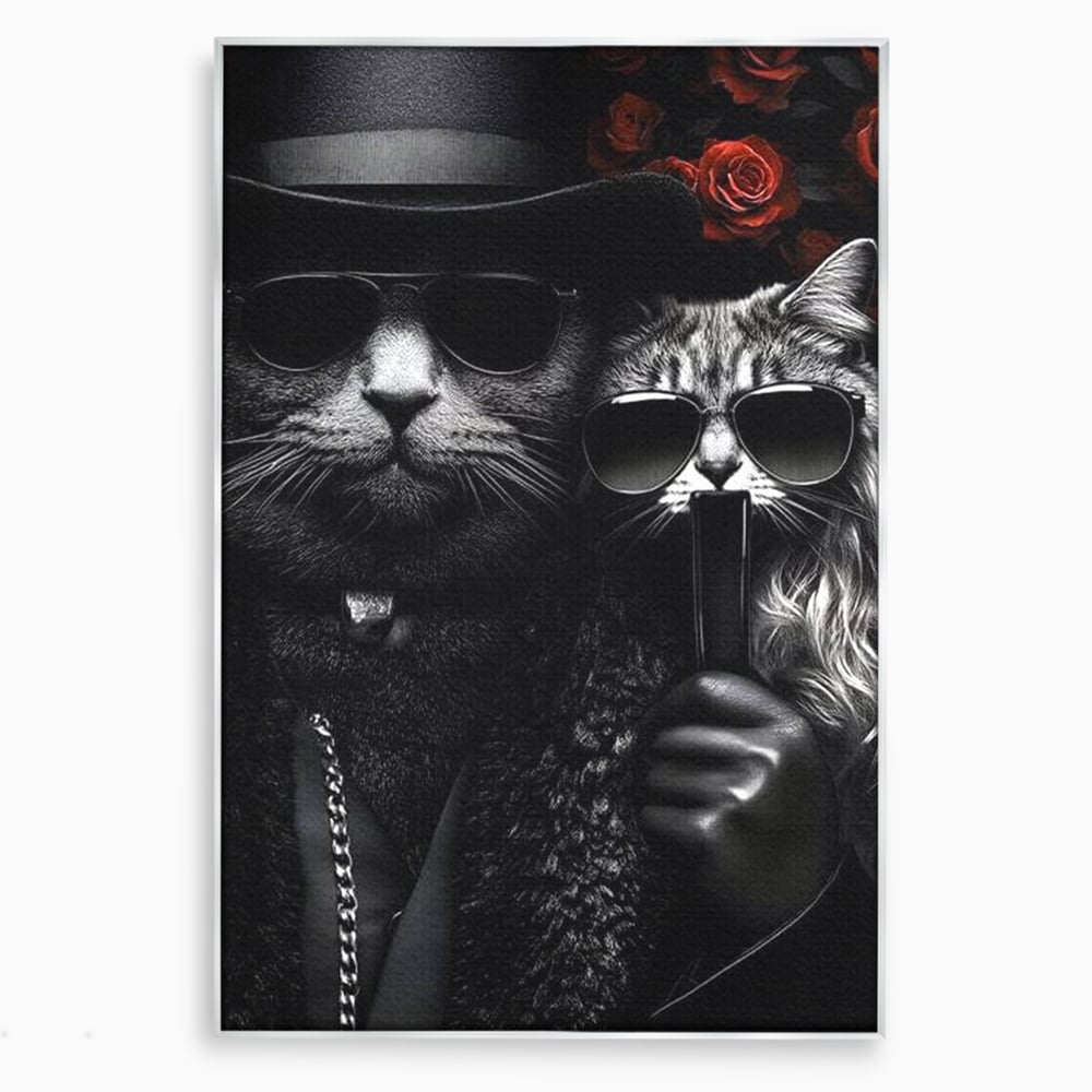 Tablou canvas cu tablou canvas cu pisici gangster in ochelari, in rama de aluminiu argintiu