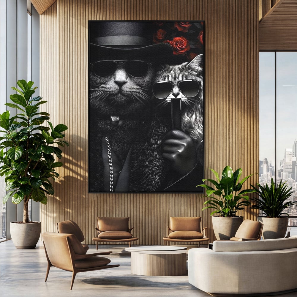 Tablou canvas cu tablou canvas cu pisici gangster in ochelari, in rama de aluminiu negru, pe perete intr-un birou