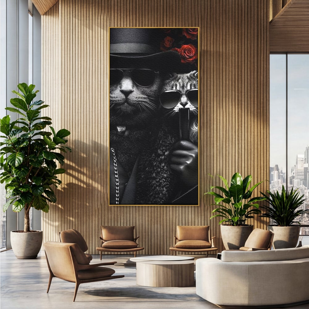 Tablou canvas cu tablou canvas cu pisici gangster in ochelari, in rama de aluminiu auriu, pe perete intr-un birou