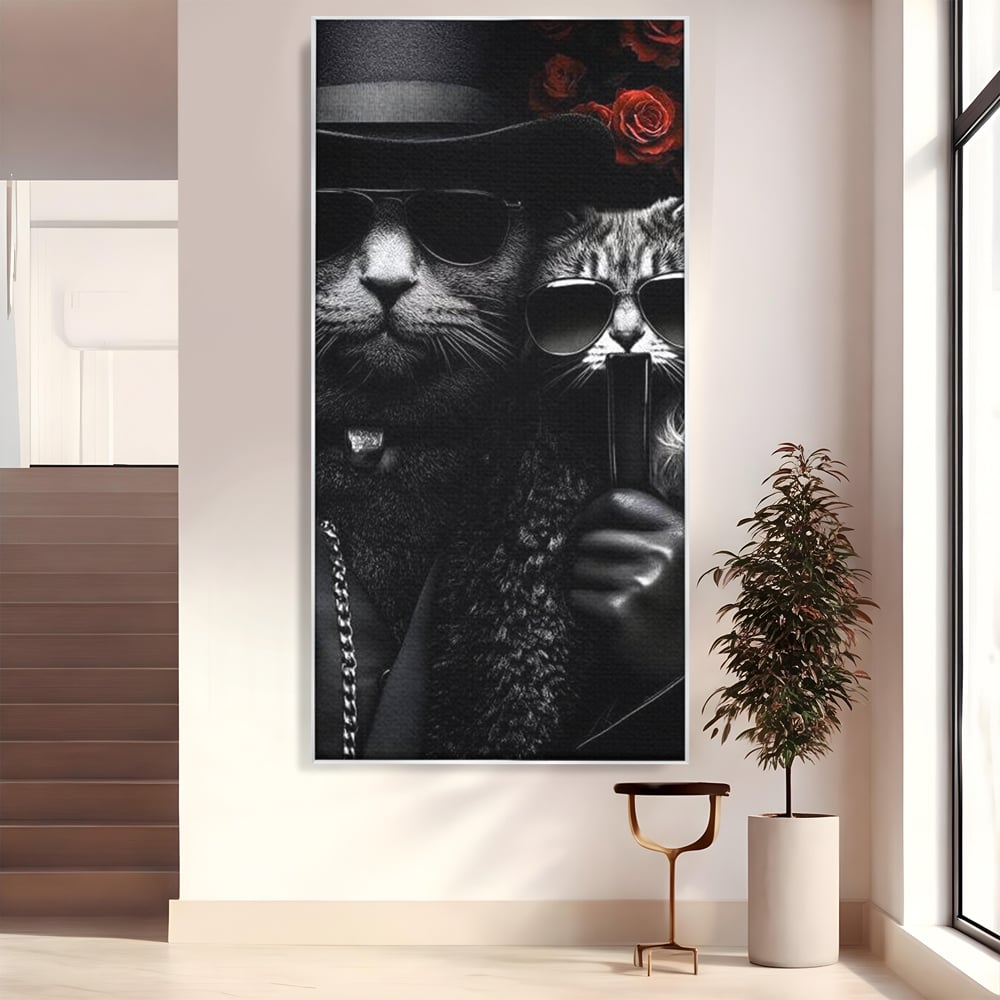 Tablou canvas cu tablou canvas cu pisici gangster in ochelari, in rama de aluminiu argintiu