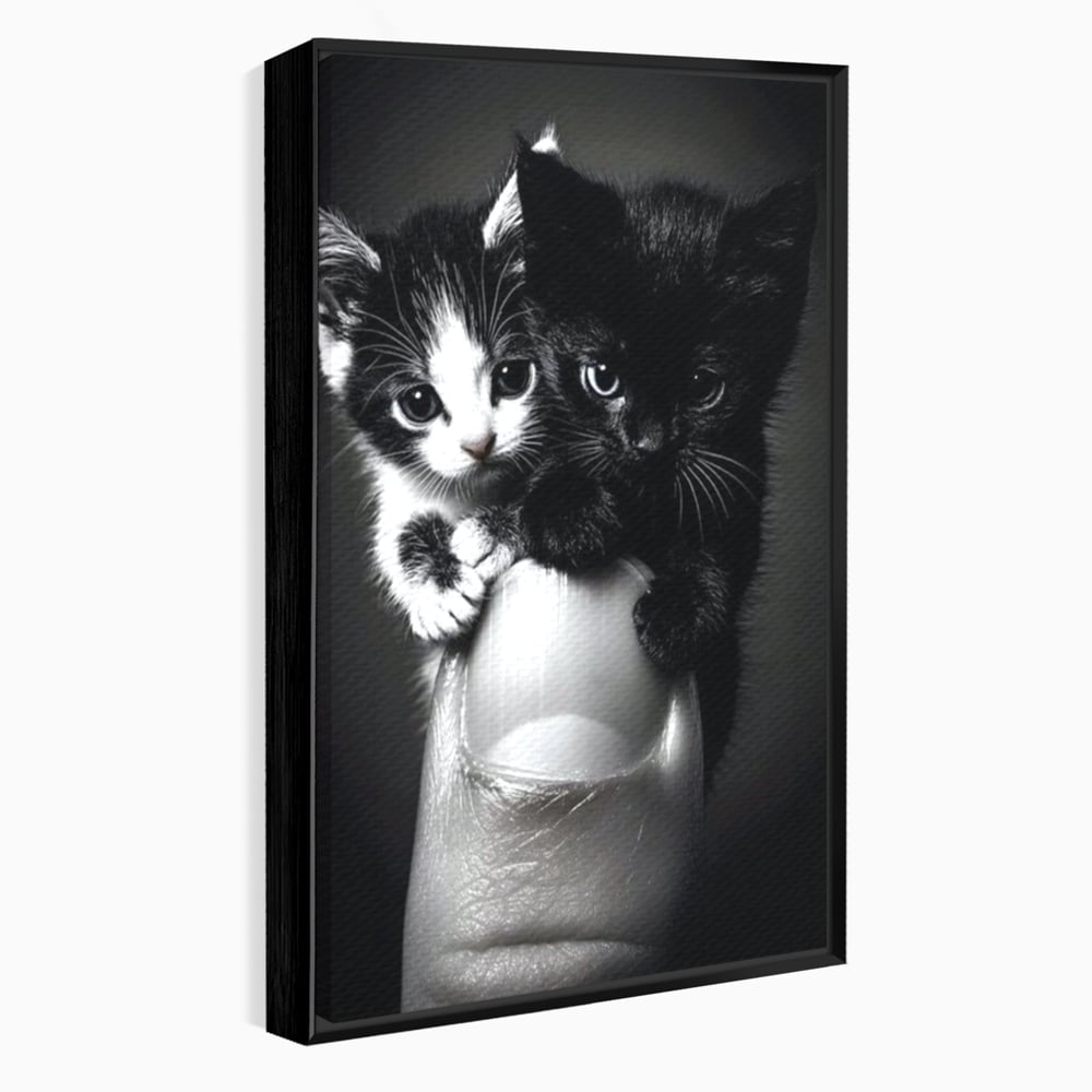 Tablou canvas cu tablou canvas cu doi pisoi mici agatati de un deget, in rama de aluminiu negru