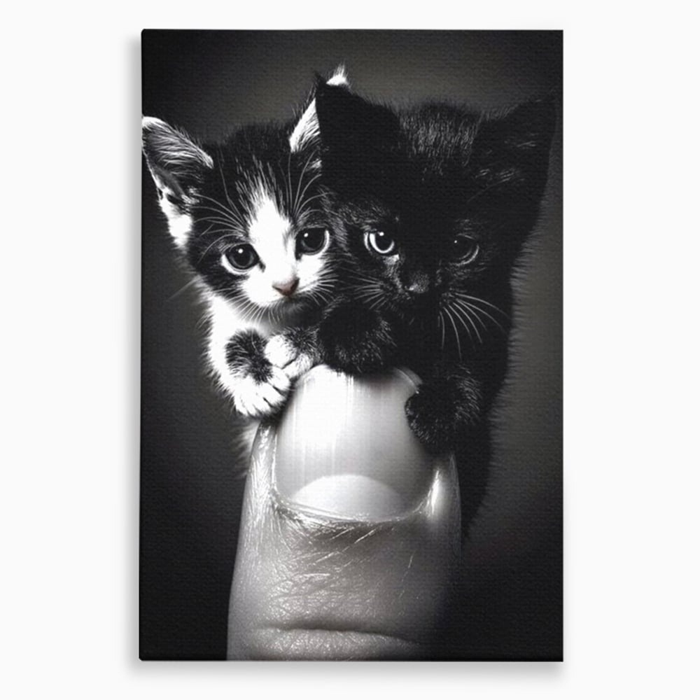 Tablou canvas cu tablou canvas cu doi pisoi mici agatati de un deget, fara rama, pe sasiu de lemn