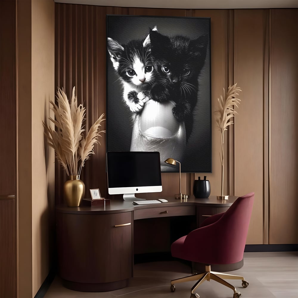 Tablou canvas cu tablou canvas cu doi pisoi mici agatati de un deget, in rama de aluminiu negru, pe perete intr-un birou