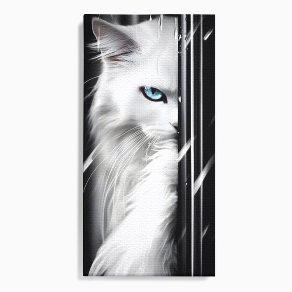Tablou canvas cu tablou canvas cu pisica alba si ochi albastri, fara rama, pe sasiu de lemn