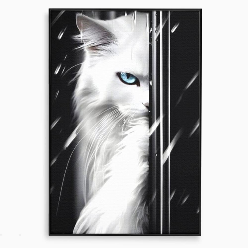 Tablou canvas cu tablou canvas cu pisica alba si ochi albastri, in rama de aluminiu negru