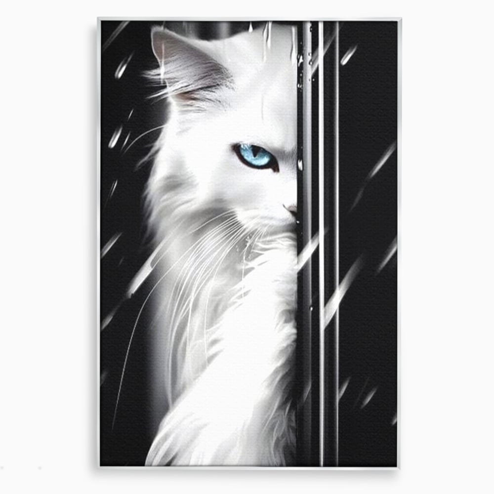 Tablou canvas cu tablou canvas cu pisica alba si ochi albastri, in rama de aluminiu argintiu