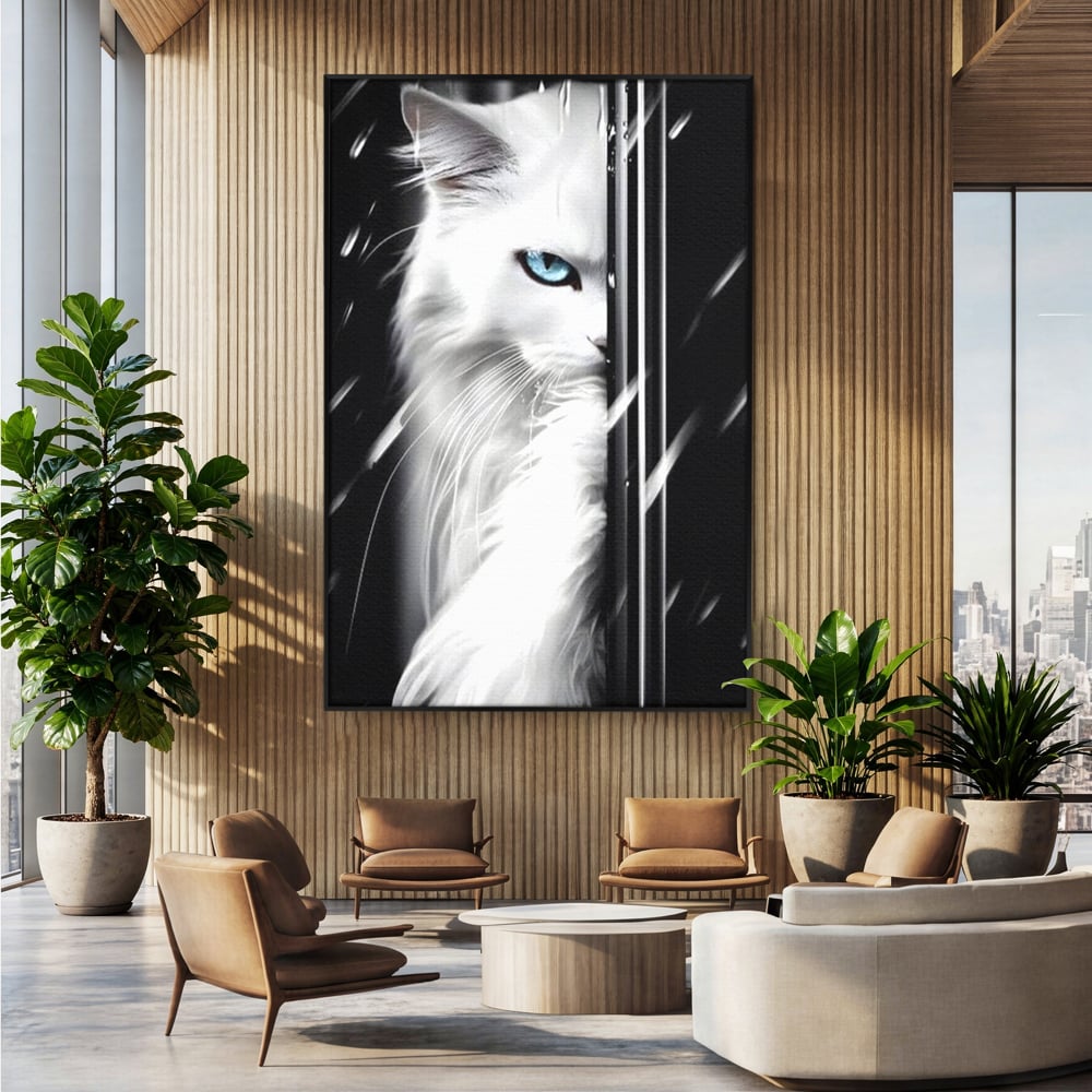 Tablou canvas cu tablou canvas cu pisica alba si ochi albastri, in rama de aluminiu negru, pe perete intr-un birou
