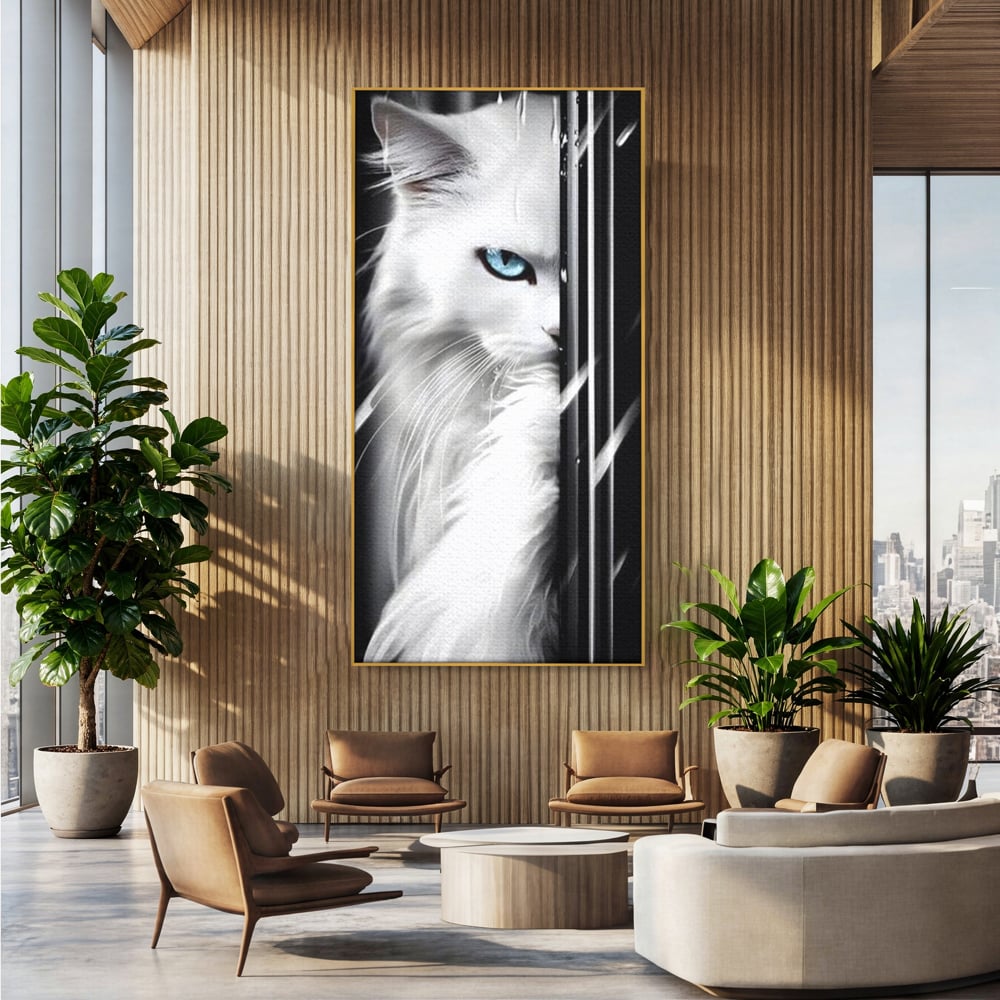 Tablou canvas cu tablou canvas cu pisica alba si ochi albastri, in rama de aluminiu auriu, pe perete intr-un birou