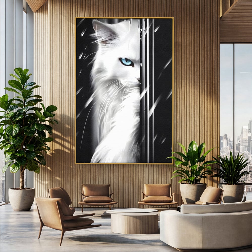 Tablou canvas cu tablou canvas cu pisica alba si ochi albastri, in rama de aluminiu auriu, pe perete intr-un birou