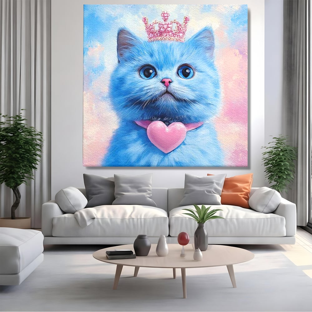 Tablou canvas cu tablou canvas cu pisica albastra regala, fara rama, pe sasiu de lemn, pe perete intr-un living