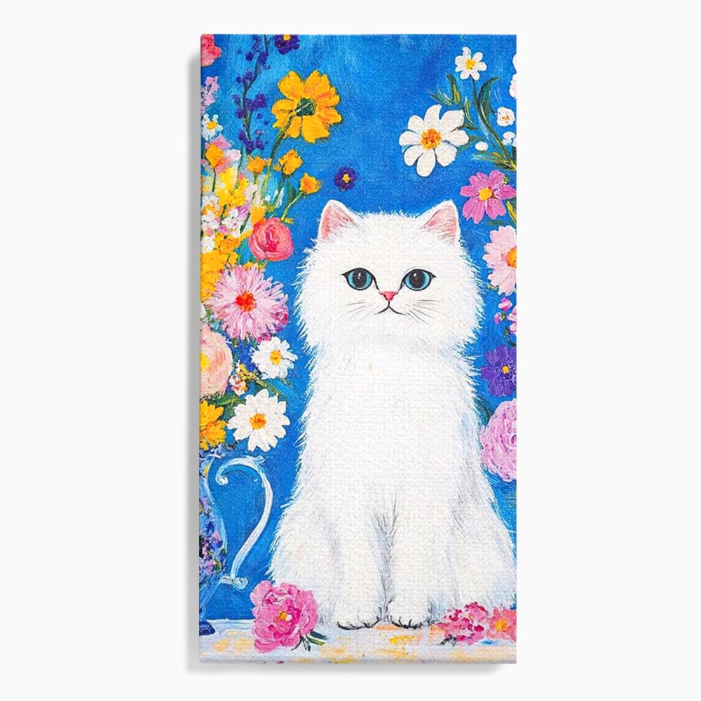 Tablou canvas cu tablou canvas cu pisica alba si flori, fara rama, pe sasiu de lemn