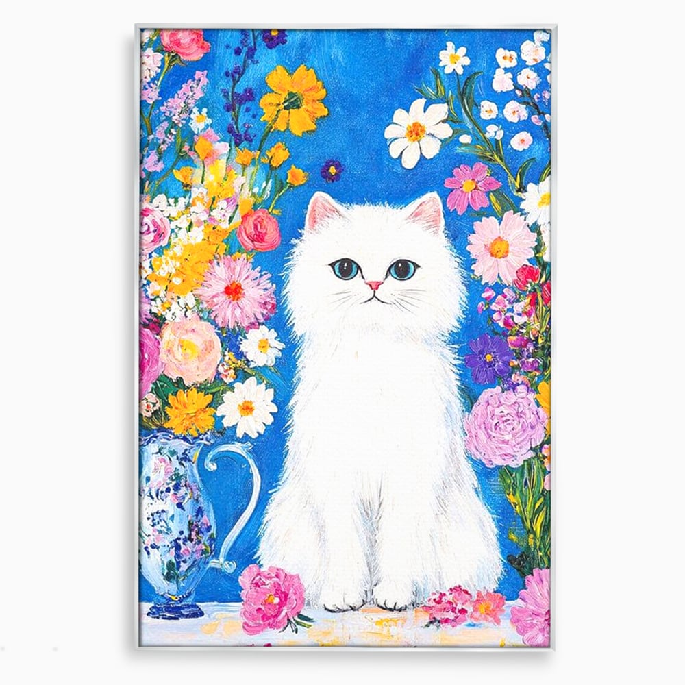 Tablou canvas cu tablou canvas cu pisica alba si flori, in rama de aluminiu argintiu