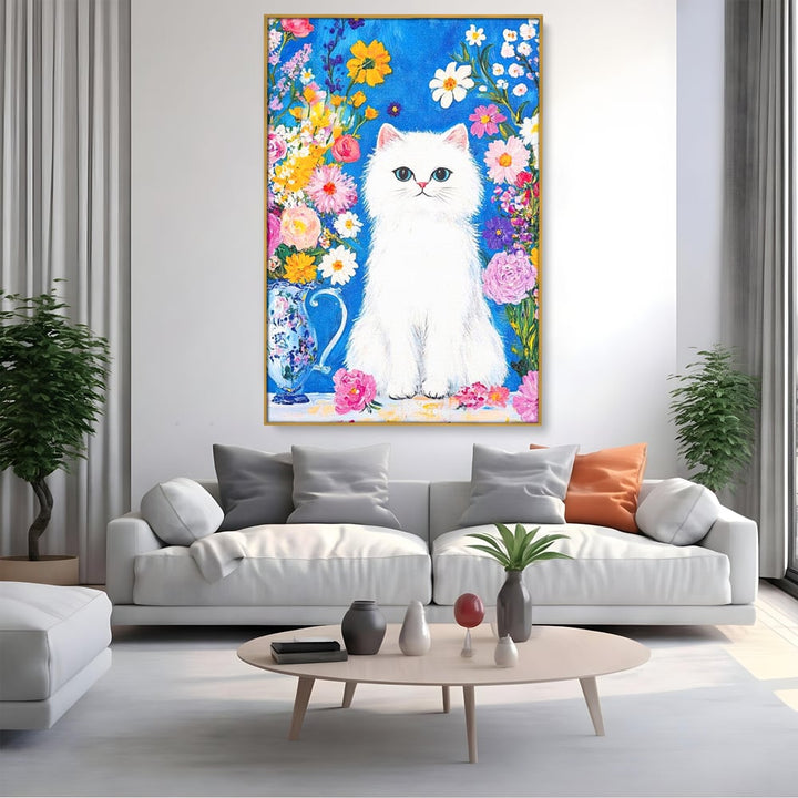 Tablou canvas cu tablou canvas cu pisica alba si flori, in rama de aluminiu auriu, pe perete intr-un living