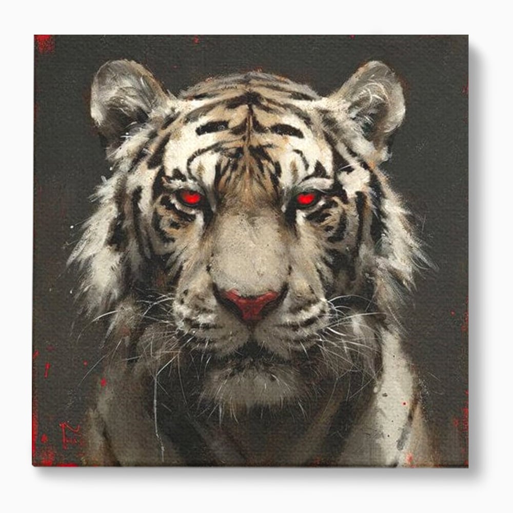 Tablou canvas cu tablou canvas cu tigru alb si ochi rosii, fara rama, pe sasiu de lemn