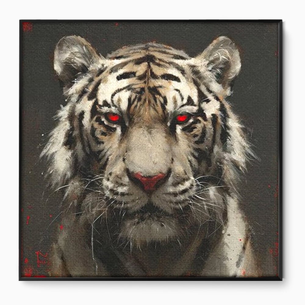 Tablou canvas cu tablou canvas cu tigru alb si ochi rosii, in rama de aluminiu negru