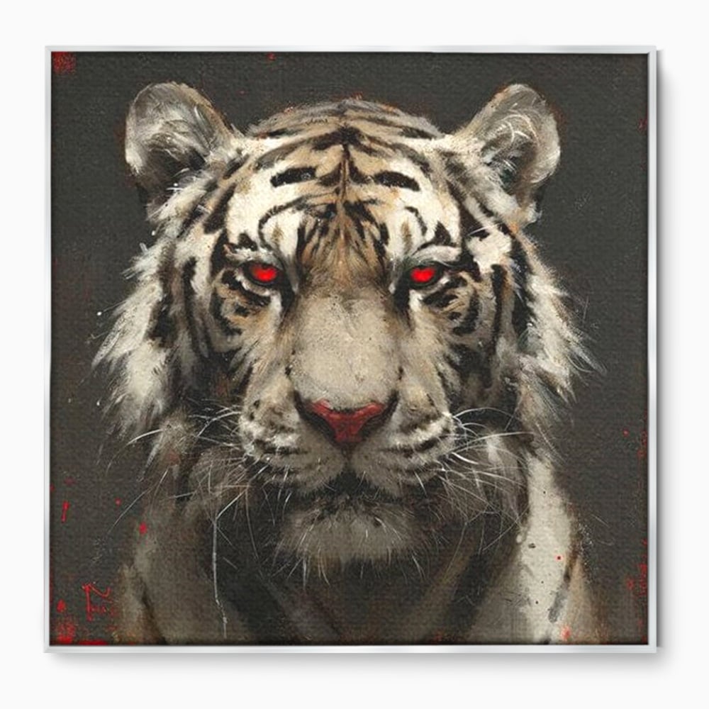 Tablou canvas cu tablou canvas cu tigru alb si ochi rosii, in rama de aluminiu argintiu