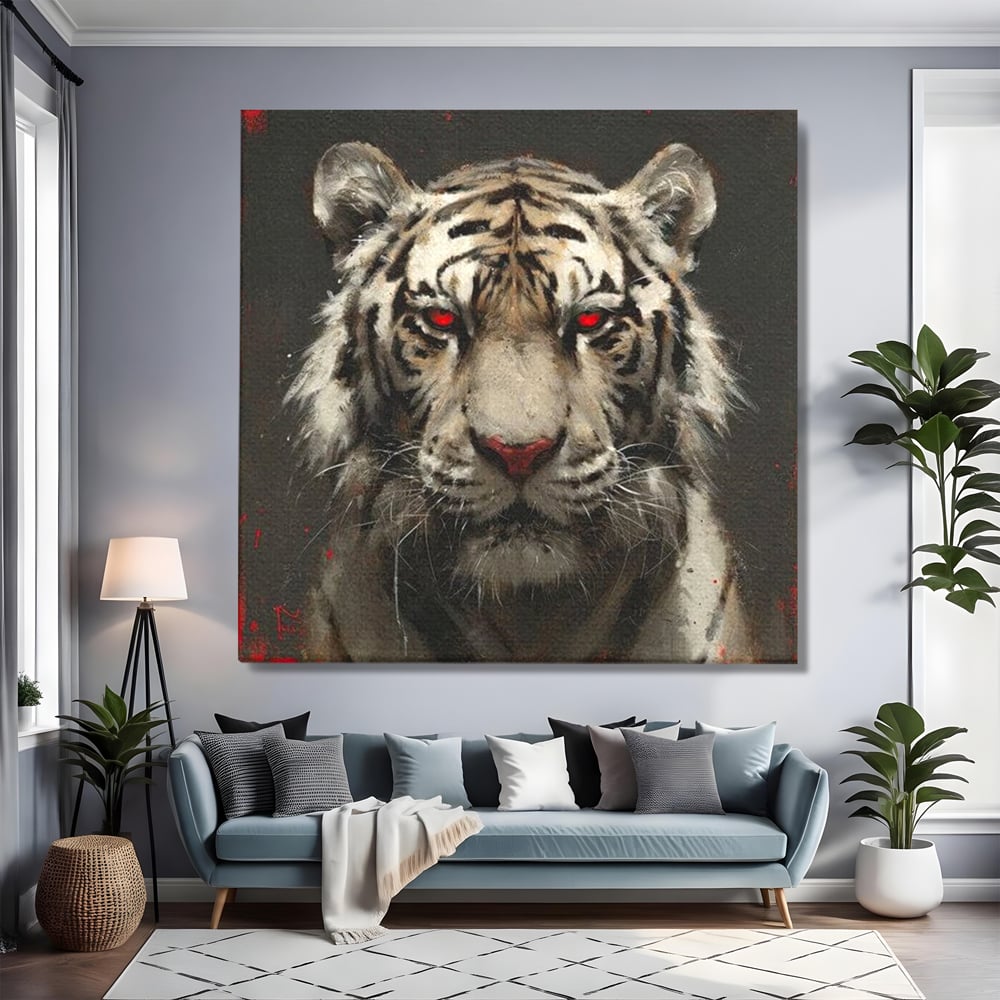 Tablou canvas cu tablou canvas cu tigru alb si ochi rosii, fara rama, pe sasiu de lemn, pe perete intr-un living