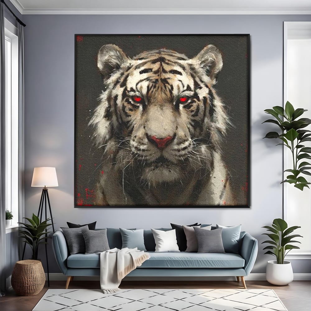 Tablou canvas cu tablou canvas cu tigru alb si ochi rosii, in rama de aluminiu negru, pe perete intr-un living
