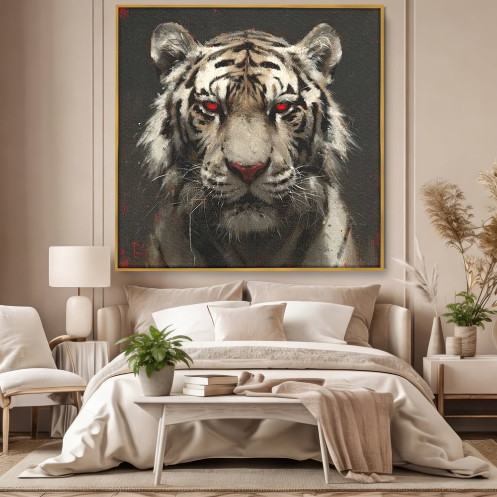 Tablou canvas cu tablou canvas cu tigru alb si ochi rosii, in rama de aluminiu auriu, pe perete intr-un dormitor