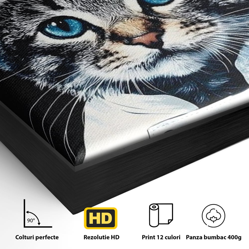 Detaliu al suprafetei: tablou canvas cu pisica bucatar, in rama de aluminiu negru