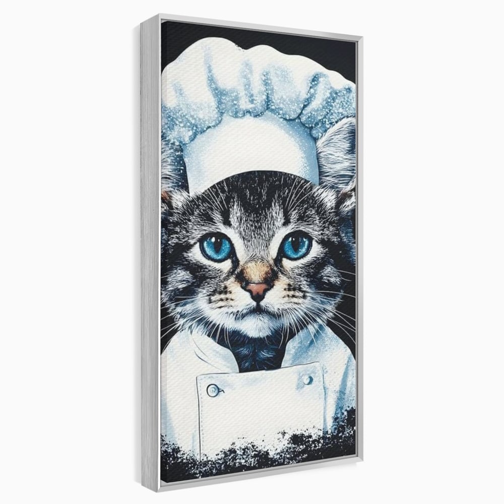 Tablou canvas cu tablou canvas cu pisica bucatar, in rama de aluminiu argintiu