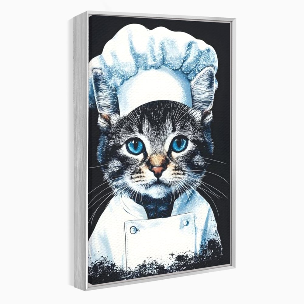 Tablou canvas cu tablou canvas cu pisica bucatar, in rama de aluminiu argintiu