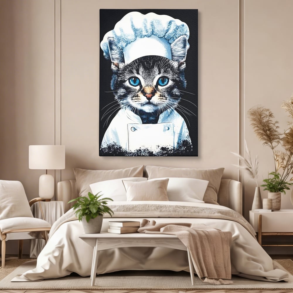Tablou canvas cu tablou canvas cu pisica bucatar, fara rama, pe sasiu de lemn, pe perete intr-un dormitor