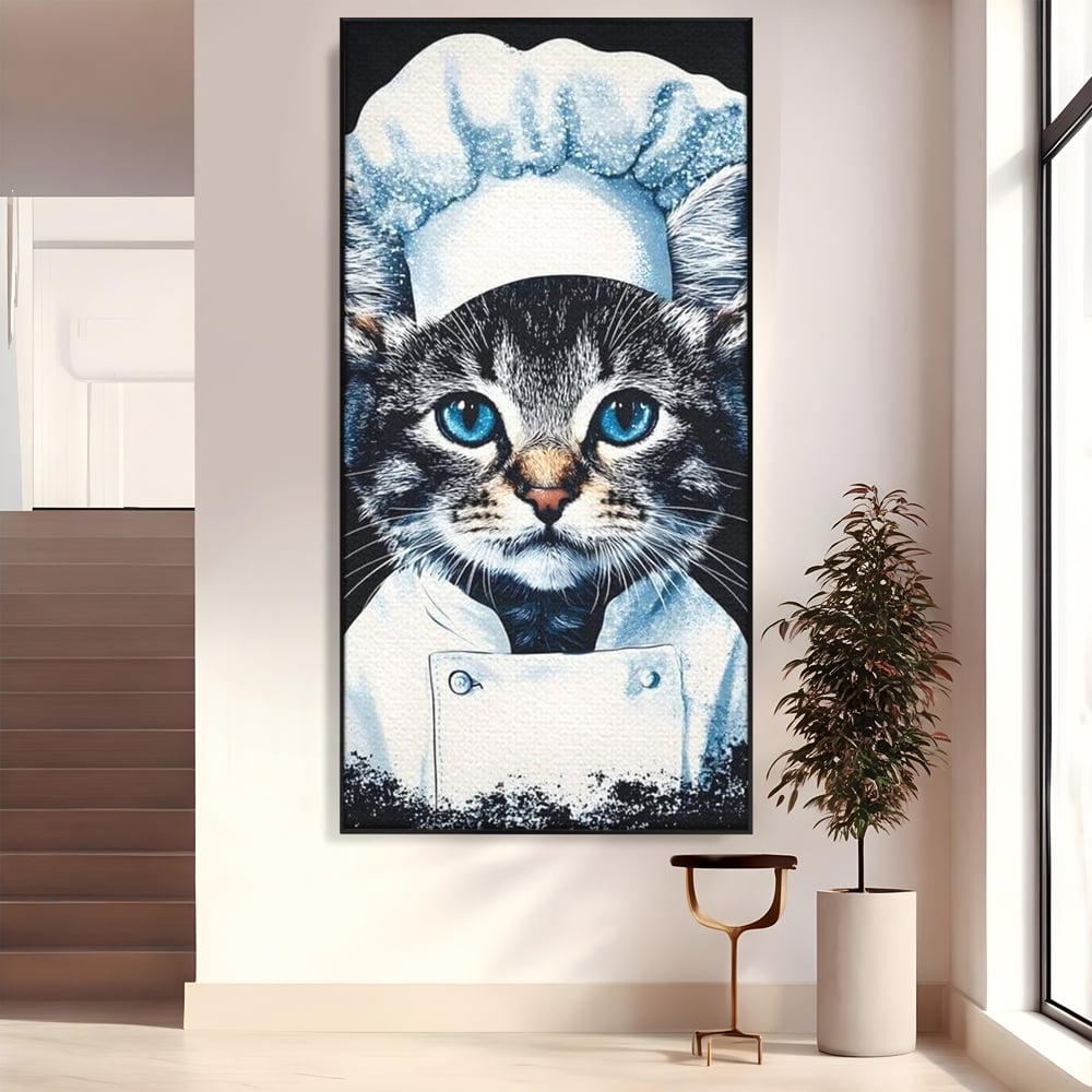 Tablou canvas cu tablou canvas cu pisica bucatar, in rama de aluminiu negru