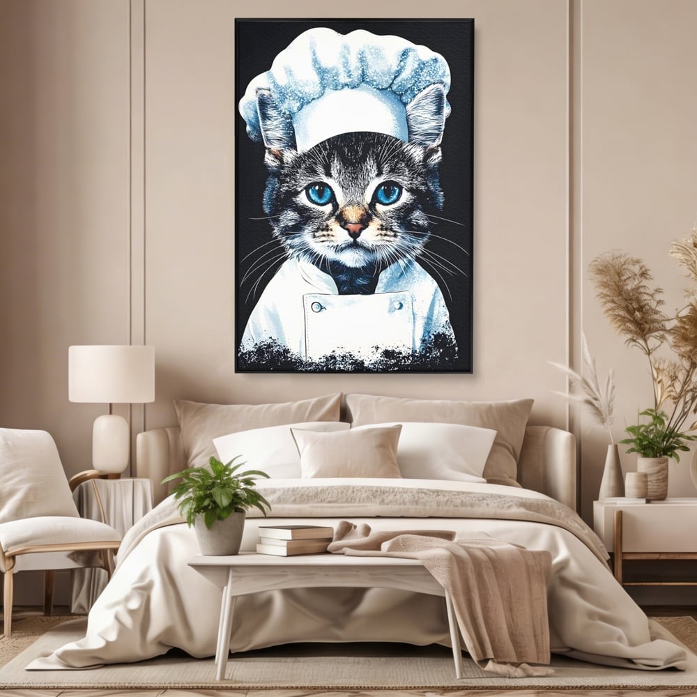 Tablou canvas cu tablou canvas cu pisica bucatar, in rama de aluminiu negru, pe perete intr-un dormitor