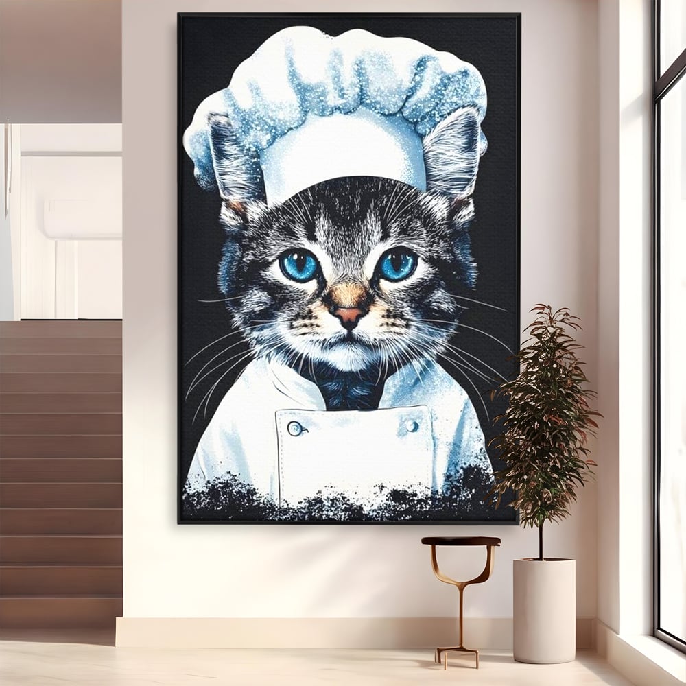 Tablou canvas cu tablou canvas cu pisica bucatar, in rama de aluminiu negru