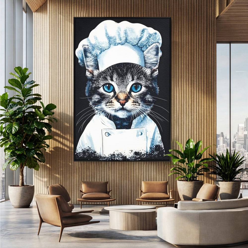 Tablou canvas cu tablou canvas cu pisica bucatar, in rama de aluminiu negru, pe perete intr-un birou