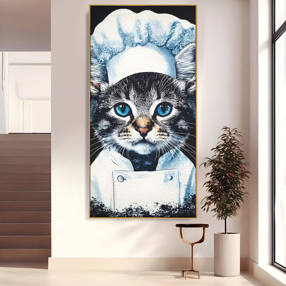 Tablou canvas cu tablou canvas cu pisica bucatar, in rama de aluminiu auriu