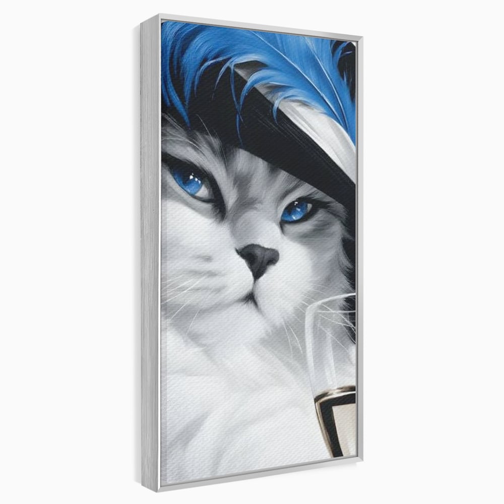 Tablou canvas cu tablou canvas cu pisica aristocrata si palarie, in rama de aluminiu argintiu