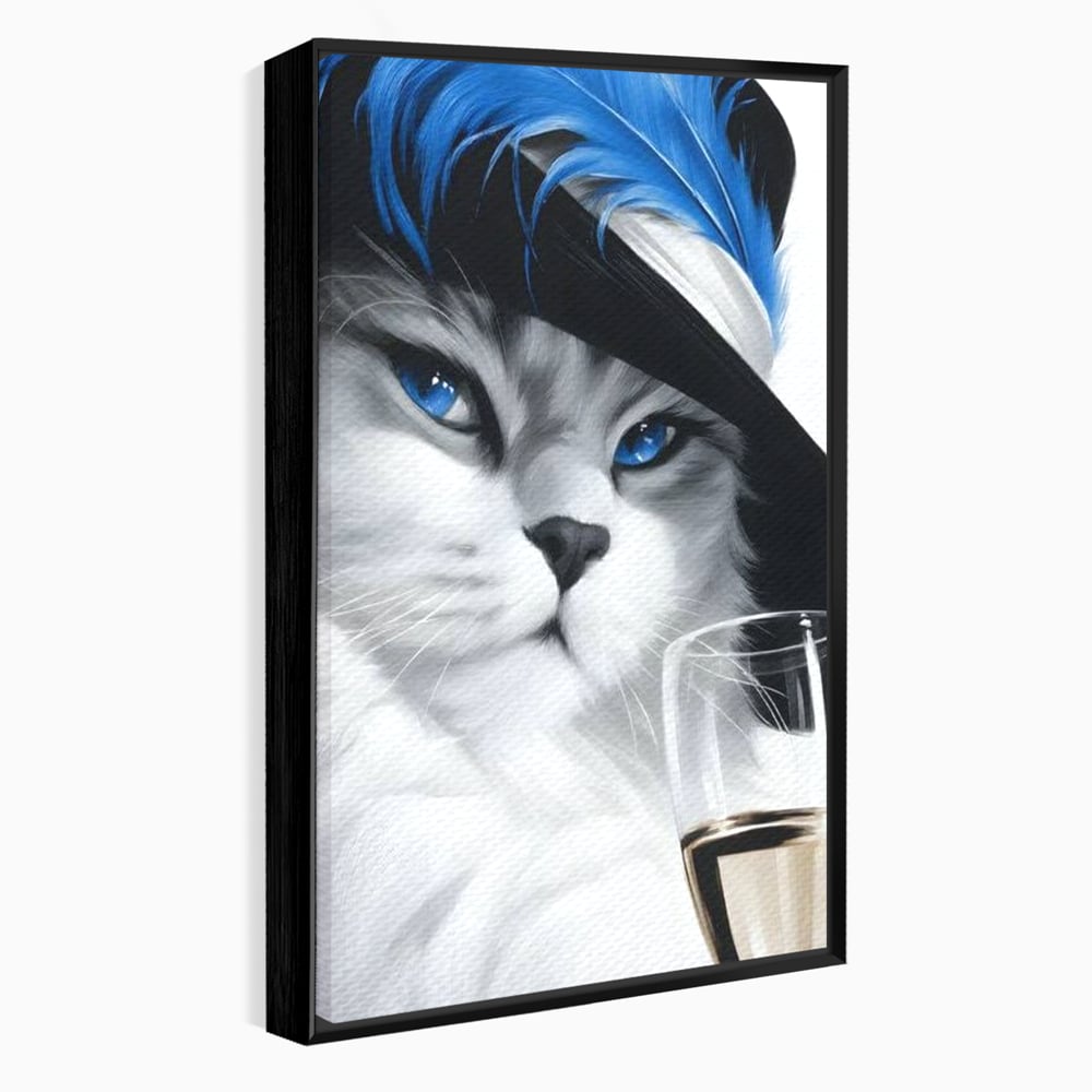 Tablou canvas cu tablou canvas cu pisica aristocrata si palarie, in rama de aluminiu negru