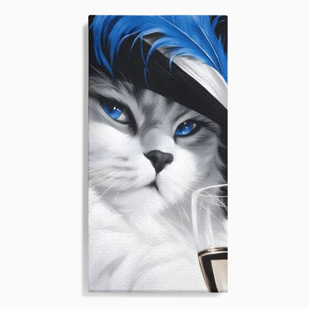 Tablou canvas cu tablou canvas cu pisica aristocrata si palarie, fara rama, pe sasiu de lemn