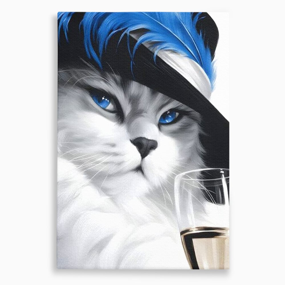 Tablou canvas cu tablou canvas cu pisica aristocrata si palarie, fara rama, pe sasiu de lemn