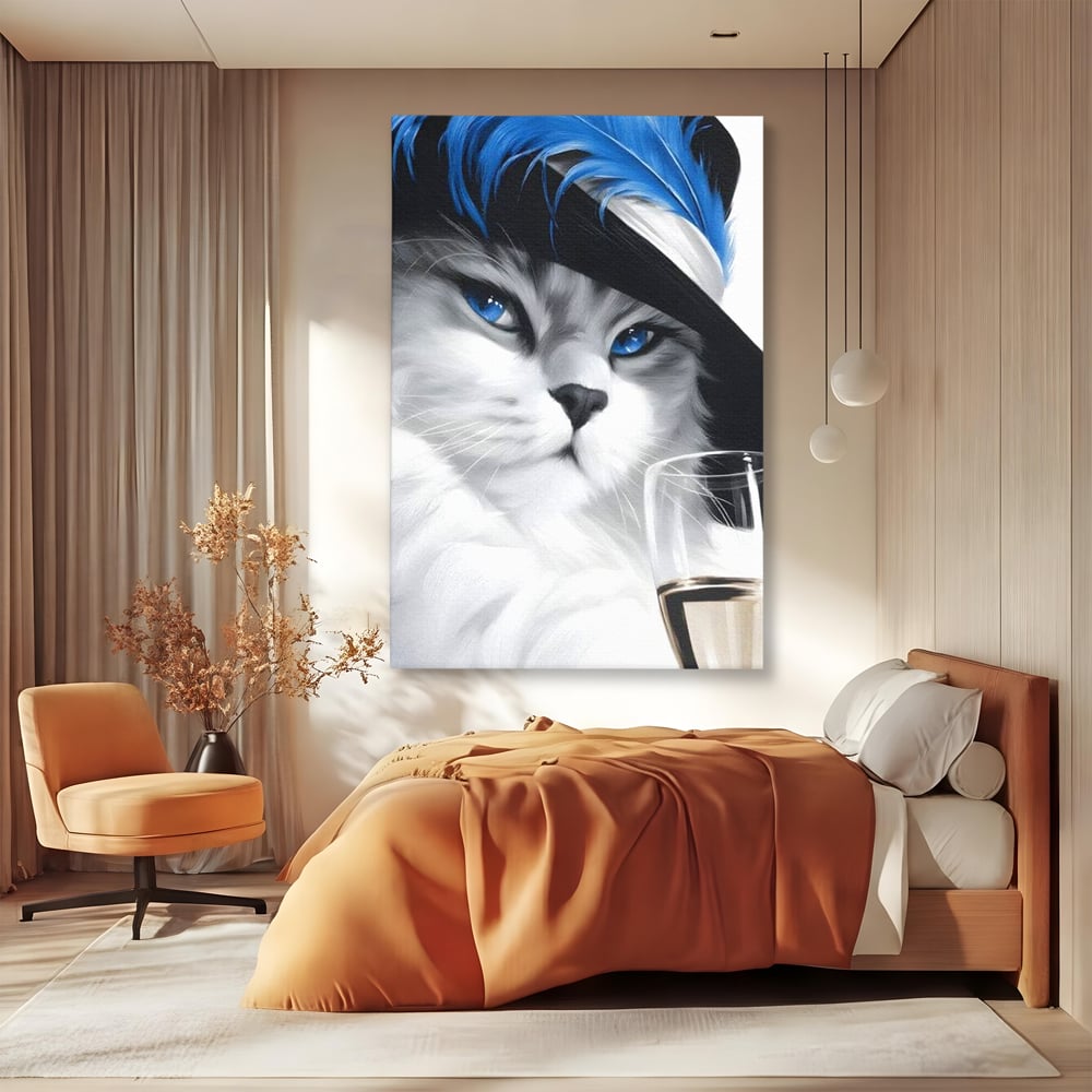 Tablou canvas cu tablou canvas cu pisica aristocrata si palarie, fara rama, pe sasiu de lemn, pe perete intr-un dormitor