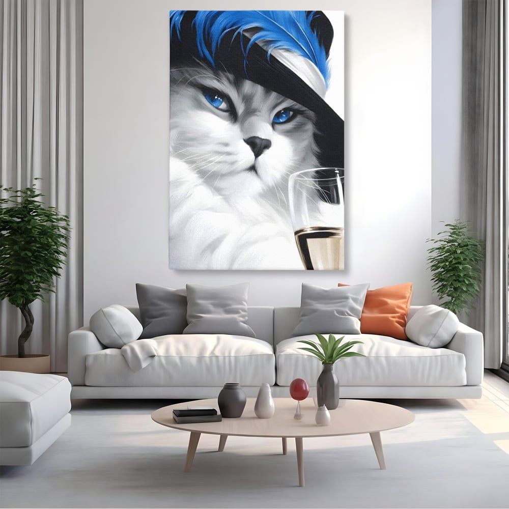 Tablou canvas cu tablou canvas cu pisica aristocrata si palarie, fara rama, pe sasiu de lemn, pe perete intr-un living