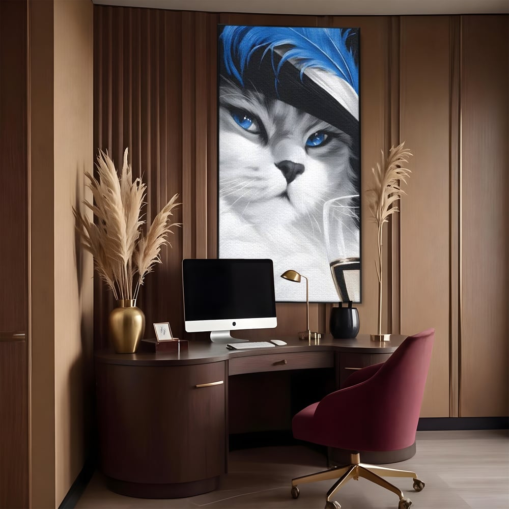 Tablou canvas cu tablou canvas cu pisica aristocrata si palarie, in rama de aluminiu negru, pe perete intr-un birou